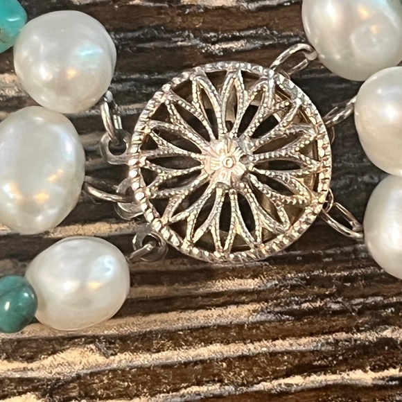 Rare Fresh Water Pearls & Turquoise Three Strand Necklace - Picture 6 of 16